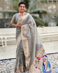 Grey Organza Paithani Zari Woven Saree