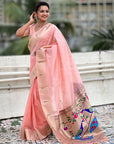 Baby Pink Organza Paithani Zari Woven Saree