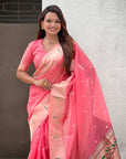 Dark Pink Organza Paithani Zari Woven Saree
