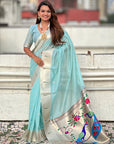 Sky Blue Organza Paithani Zari Woven Saree