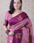 Coral Pink Soft Silk Dusty Concept Floral Zari Woven Saree