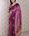 Coral Pink Soft Silk Dusty Concept Floral Zari Woven Saree