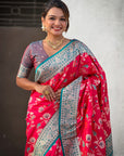 Pink Banarasi Contrast Jaal Soft Silk Zari Woven Saree