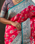 Pink Banarasi Contrast Jaal Soft Silk Zari Woven Saree