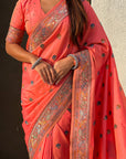 Peach Baluchari Silk Zari Woven Saree