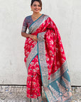 Pink Banarasi Contrast Jaal Soft Silk Zari Woven Saree