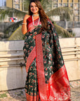 Bottle Green Banarasi Contrast Jaal Soft Silk Zari Woven Saree