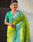 Parrot Green Banarasi Contrast Jaal Soft Silk Zari Woven Saree