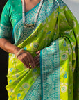 Parrot Green Banarasi Contrast Jaal Soft Silk Zari Woven Saree