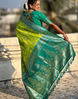 Parrot Green Banarasi Contrast Jaal Soft Silk Zari Woven Saree