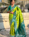Parrot Green Banarasi Contrast Jaal Soft Silk Zari Woven Saree