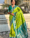 Parrot Green Banarasi Contrast Jaal Soft Silk Zari Woven Saree