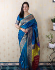 Blue Soft Silk Banarasi Multicolor Pallu Zari Woven Saree