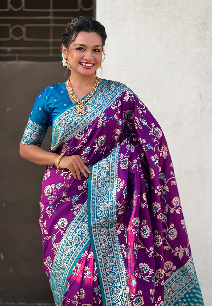Purple Banarasi Contrast Jaal Soft Silk Zari Woven Saree