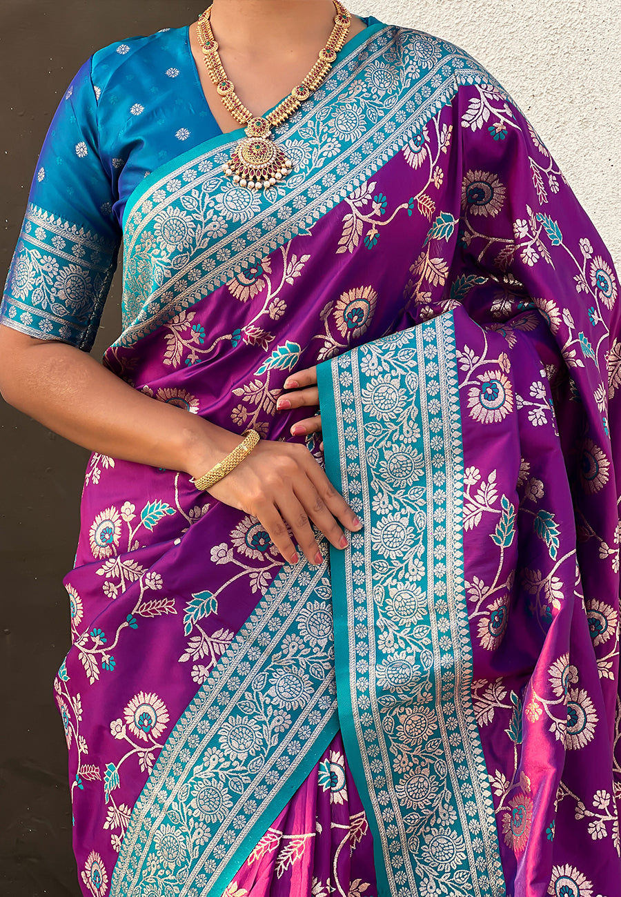 Purple Banarasi Contrast Jaal Soft Silk Zari Woven Saree