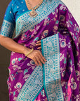 Purple Banarasi Contrast Jaal Soft Silk Zari Woven Saree