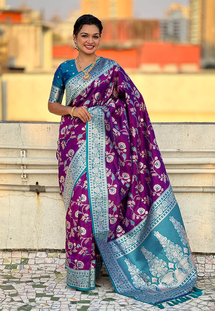 Purple Banarasi Contrast Jaal Soft Silk Zari Woven Saree