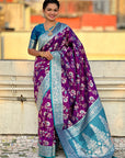 Purple Banarasi Contrast Jaal Soft Silk Zari Woven Saree