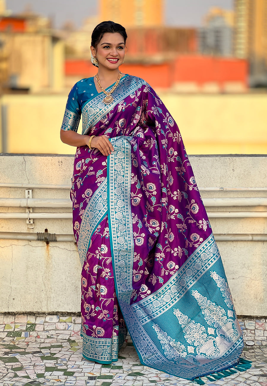 Purple Banarasi Contrast Jaal Soft Silk Zari Woven Saree