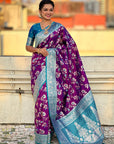 Purple Banarasi Contrast Jaal Soft Silk Zari Woven Saree