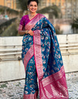 Blue Banarasi Contrast Jaal Soft Silk Zari Woven Saree