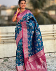 Blue Banarasi Contrast Jaal Soft Silk Zari Woven Saree