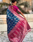 Blue Banarasi Contrast Jaal Soft Silk Zari Woven Saree