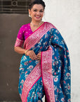 Blue Banarasi Contrast Jaal Soft Silk Zari Woven Saree