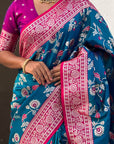Blue Banarasi Contrast Jaal Soft Silk Zari Woven Saree