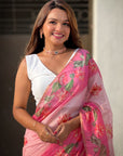 Baby Pink Chanderi Cotton Pichwai Printed Saree with Zari Woven Border