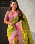 Mehendi Green Banarasi Contrast Jaal Soft Silk Zari Woven Saree