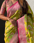 Mehendi Green Banarasi Contrast Jaal Soft Silk Zari Woven Saree
