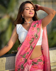 Baby Pink Chanderi Cotton Pichwai Printed Saree with Zari Woven Border
