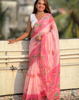 Baby Pink Chanderi Cotton Pichwai Printed Saree with Zari Woven Border