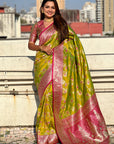 Mehendi Green Banarasi Contrast Jaal Soft Silk Zari Woven Saree