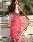 Baby Pink Chanderi Cotton Pichwai Printed Saree with Zari Woven Border