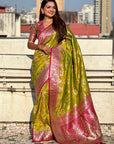 Mehendi Green Banarasi Contrast Jaal Soft Silk Zari Woven Saree