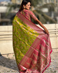 Mehendi Green Banarasi Contrast Jaal Soft Silk Zari Woven Saree