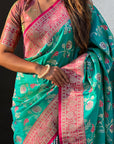 Sky Blue Banarasi Contrast Jaal Soft Silk Zari Woven Saree