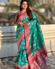 Sky Blue Banarasi Contrast Jaal Soft Silk Zari Woven Saree