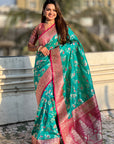 Sky Blue Banarasi Contrast Jaal Soft Silk Zari Woven Saree