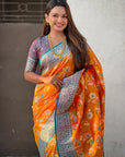 Orange Banarasi Contrast Jaal Soft Silk Zari Woven Saree