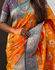 Orange Banarasi Contrast Jaal Soft Silk Zari Woven Saree