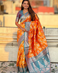 Orange Banarasi Contrast Jaal Soft Silk Zari Woven Saree