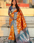 Orange Banarasi Contrast Jaal Soft Silk Zari Woven Saree