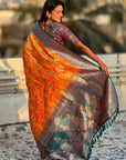 Orange Banarasi Contrast Jaal Soft Silk Zari Woven Saree