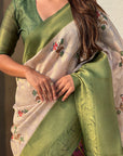 Cream with Green Organza Silk Floral Kalamkari Fusion Printed Saree with Zari Woven Contrast Border