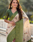 Cream with Green Organza Silk Floral Kalamkari Fusion Printed Saree with Zari Woven Contrast Border