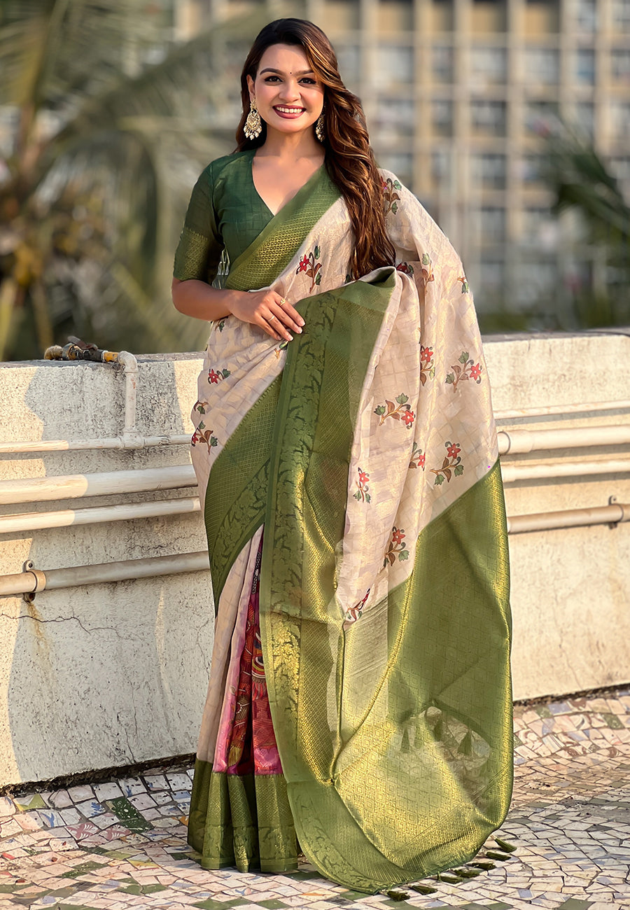 Cream with Green Organza Silk Floral Kalamkari Fusion Printed