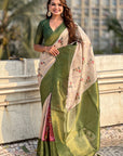Cream with Green Organza Silk Floral Kalamkari Fusion Printed Saree with Zari Woven Contrast Border